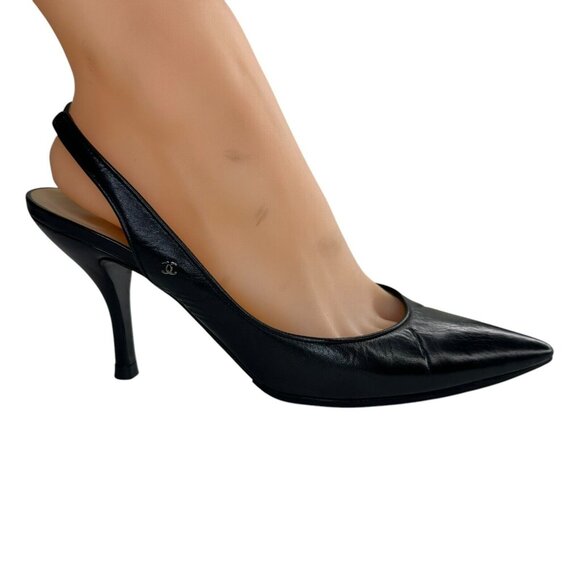 Chanel Shoes Slingback Heel Pumps Size 36/5.5 Black Leather Slip-On Pointed Toe - Picture 8 of 16